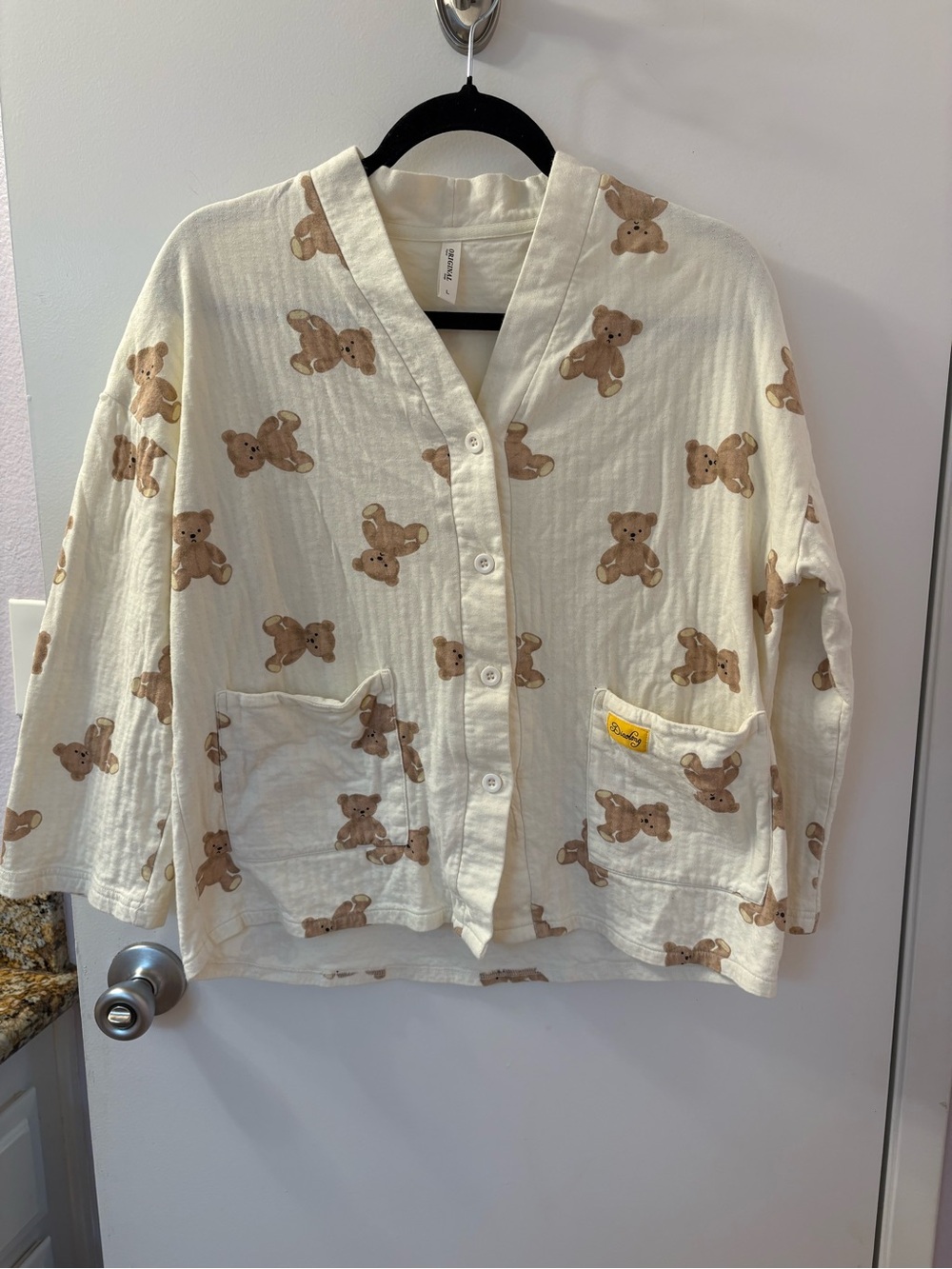 Large Original Cream Teddy Bear Button-Up Waffle Texture/EUC